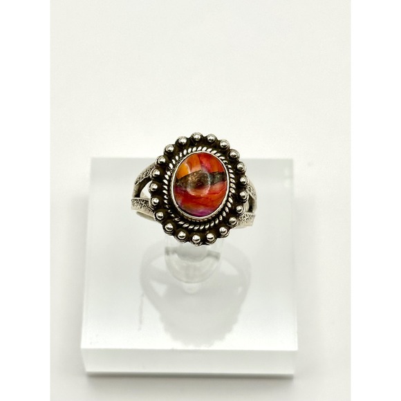 Pink Spiny Oyster Turquoise Sterling Silver Double Band Ring Size 7 - Picture 1 of 8